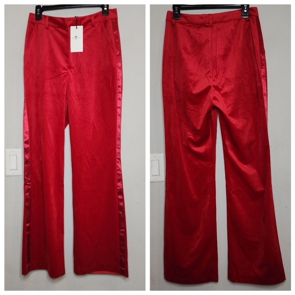 NWT 7 For All Mankind Red Velvet Satin Tuxedo stripe Wideleg Pants. Size 6 - Picture 1 of 16